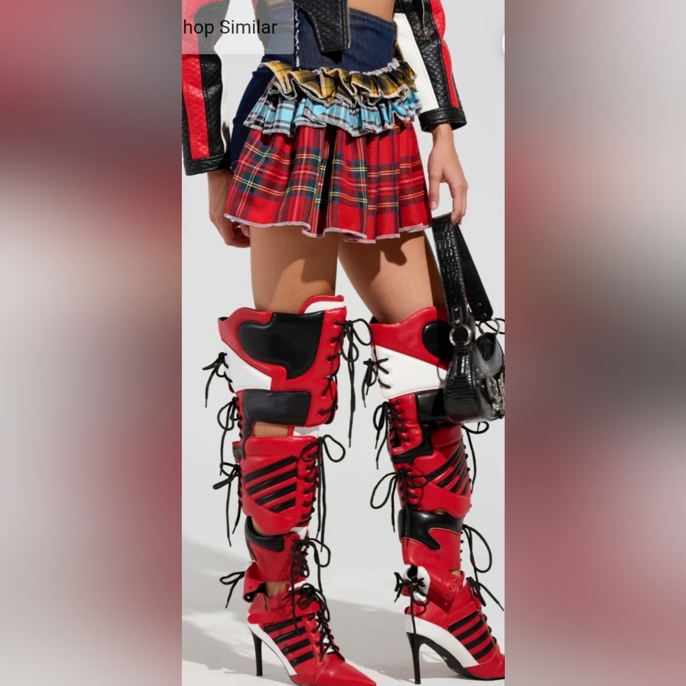 AKIRA CALL‎ ME BACK DENIM SKIRT WITH PLAID Detail Multi Color small - Picture 8 of 11